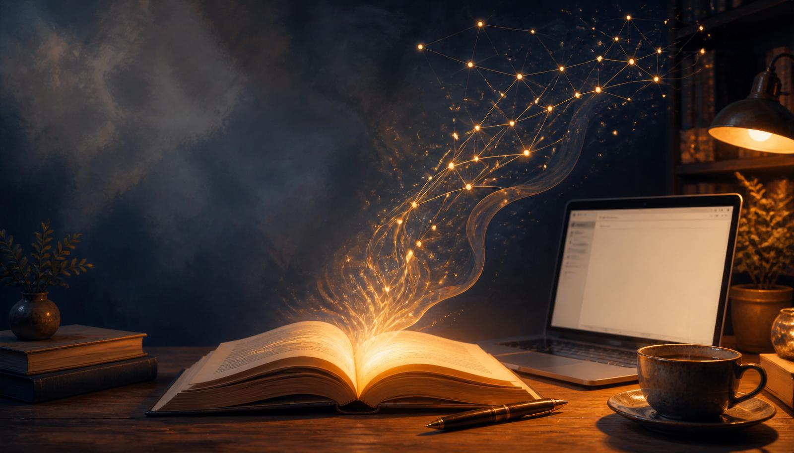 A glowing open book on a wooden desk beside a laptop, with streams of golden light and a constellation of connected nodes rising from the pages — a visual metaphor for AI-assisted book writing.